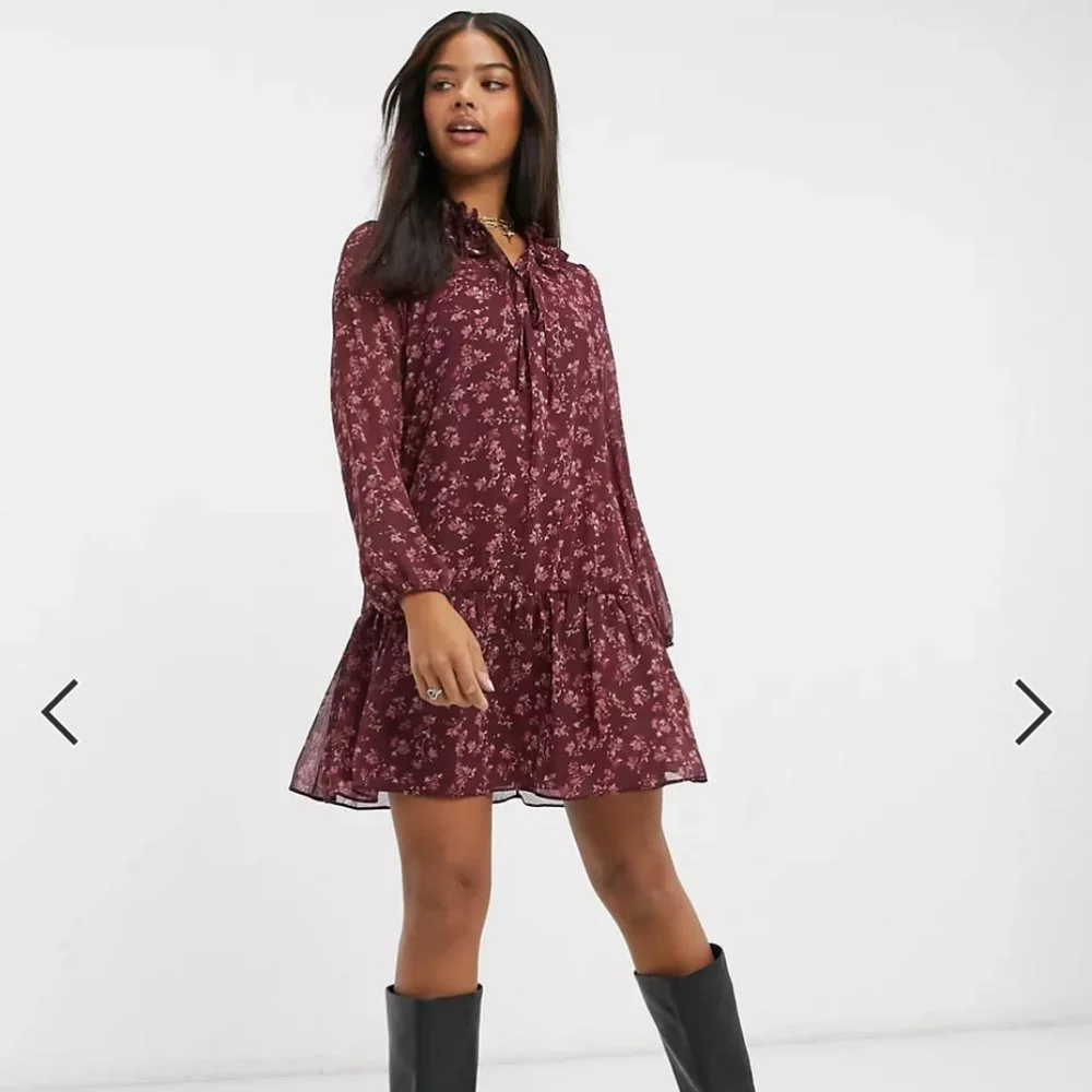 Frill Neck Chiffon Smock Floral Mini Dress - Picture 5 of 8